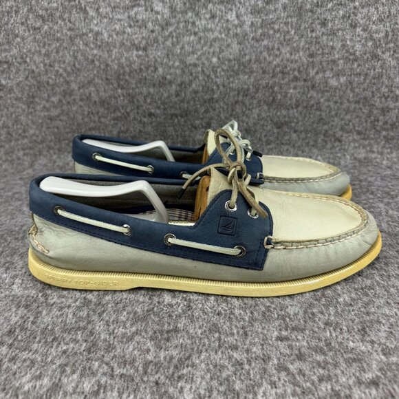 ✅Mens 12M Sperry Top-Sider Boat Shoes Navy & Beige Leather Casual Deck Loafers - Picture 1 of 11